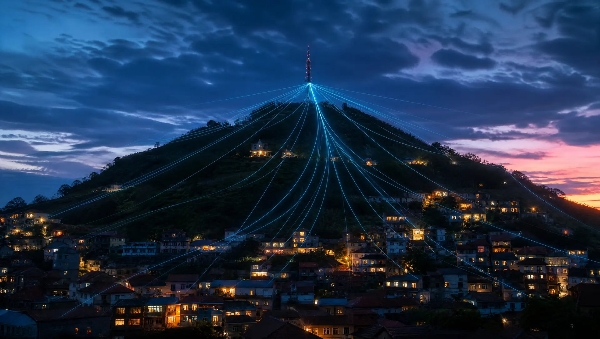A cell tower above a small town at dusk with threads of light reaching homes and shops, representing registered business texting