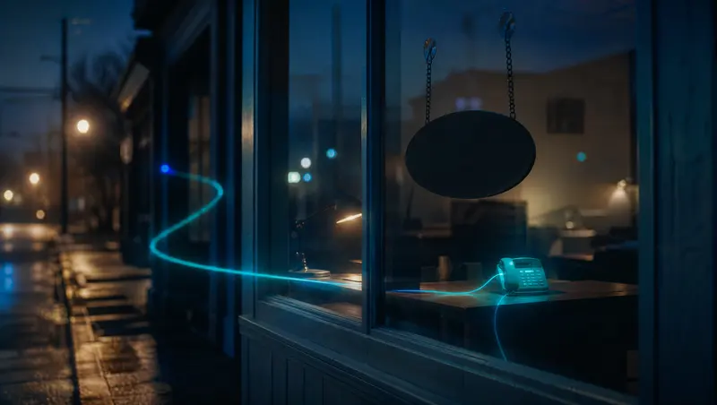 A closed storefront office at night with a desk phone glowing teal as an after-hours call arrives