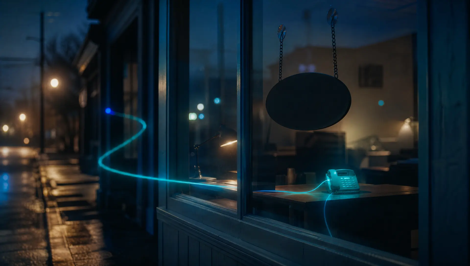 A closed storefront office at night with a desk phone glowing teal as an after-hours call arrives