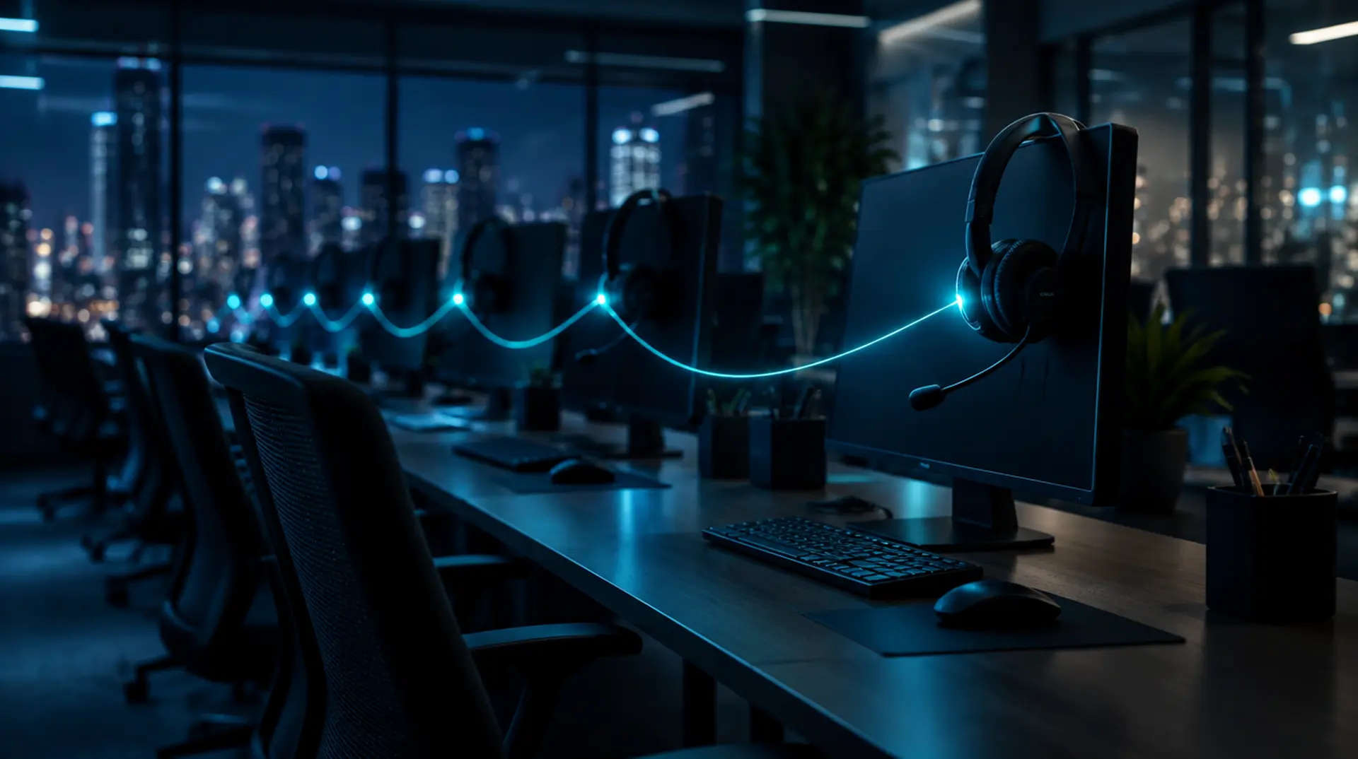 A row of sales desks at night with headsets on the monitors, linked by a line of teal light