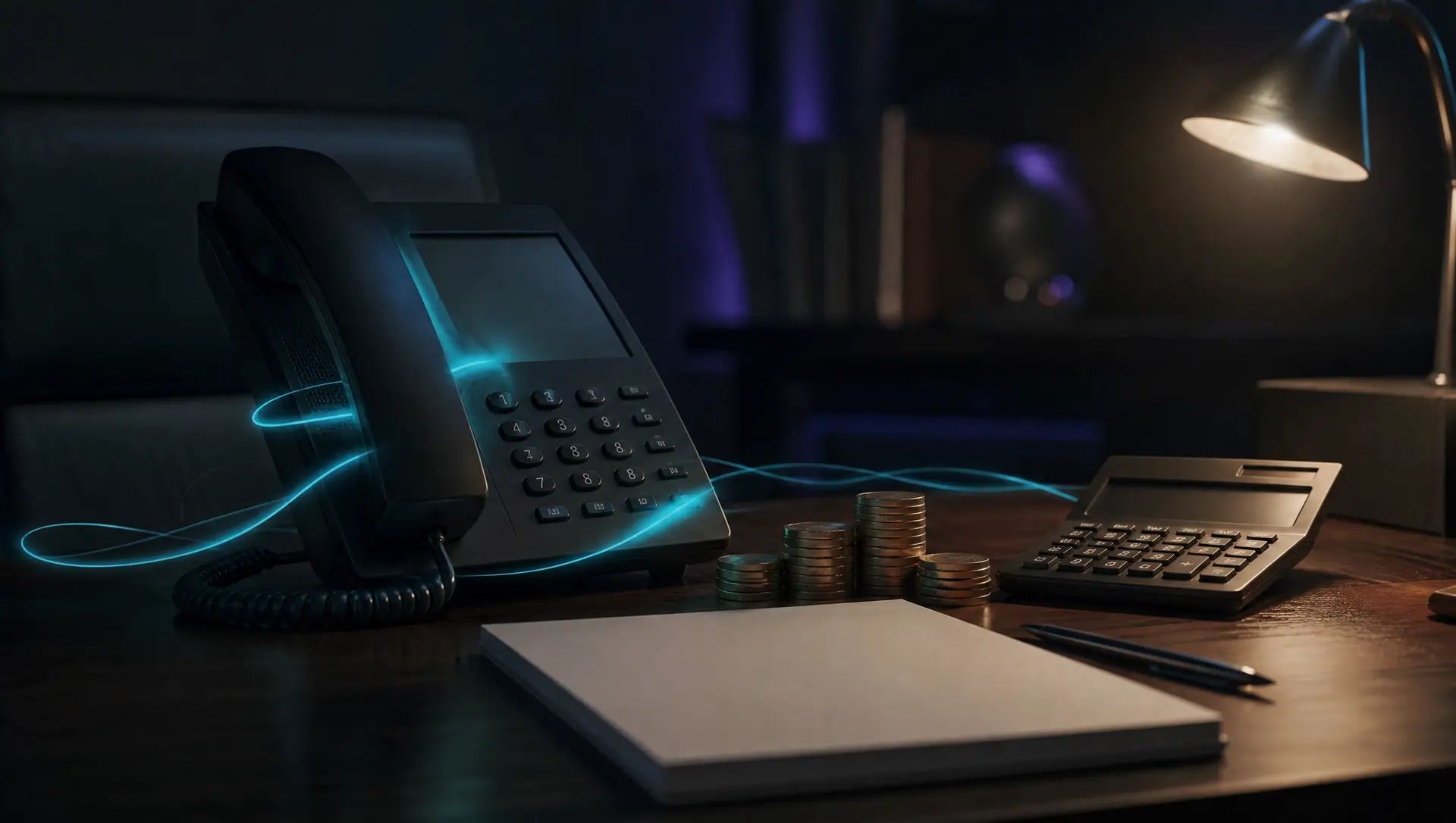 A desk phone, calculator and stacks of coins on a wooden desk, representing answering service costs