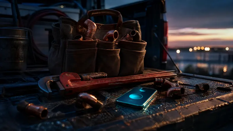 A plumber's tool bag and pipe wrench on a truck tailgate at dusk beside a ringing smartphone