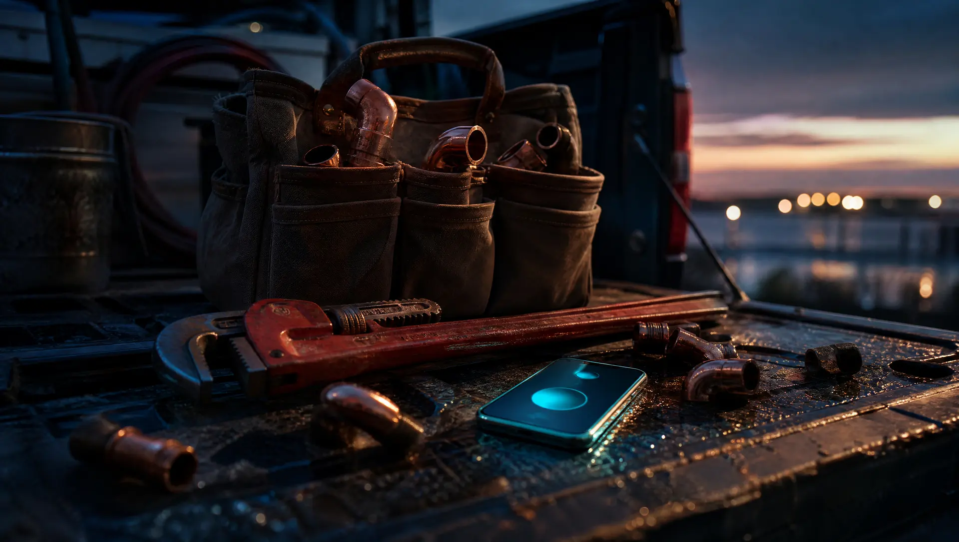 A plumber's tool bag and pipe wrench on a truck tailgate at dusk beside a ringing smartphone