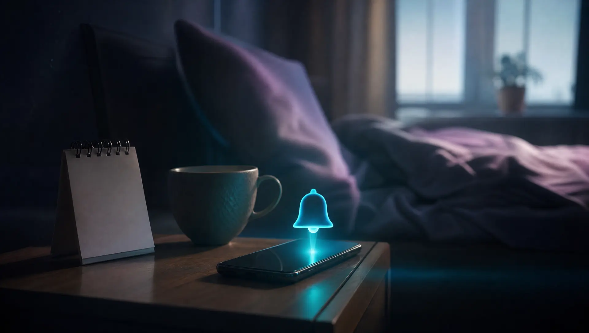 A smartphone beside a small calendar in morning light with a glowing bell notification for an appointment reminder