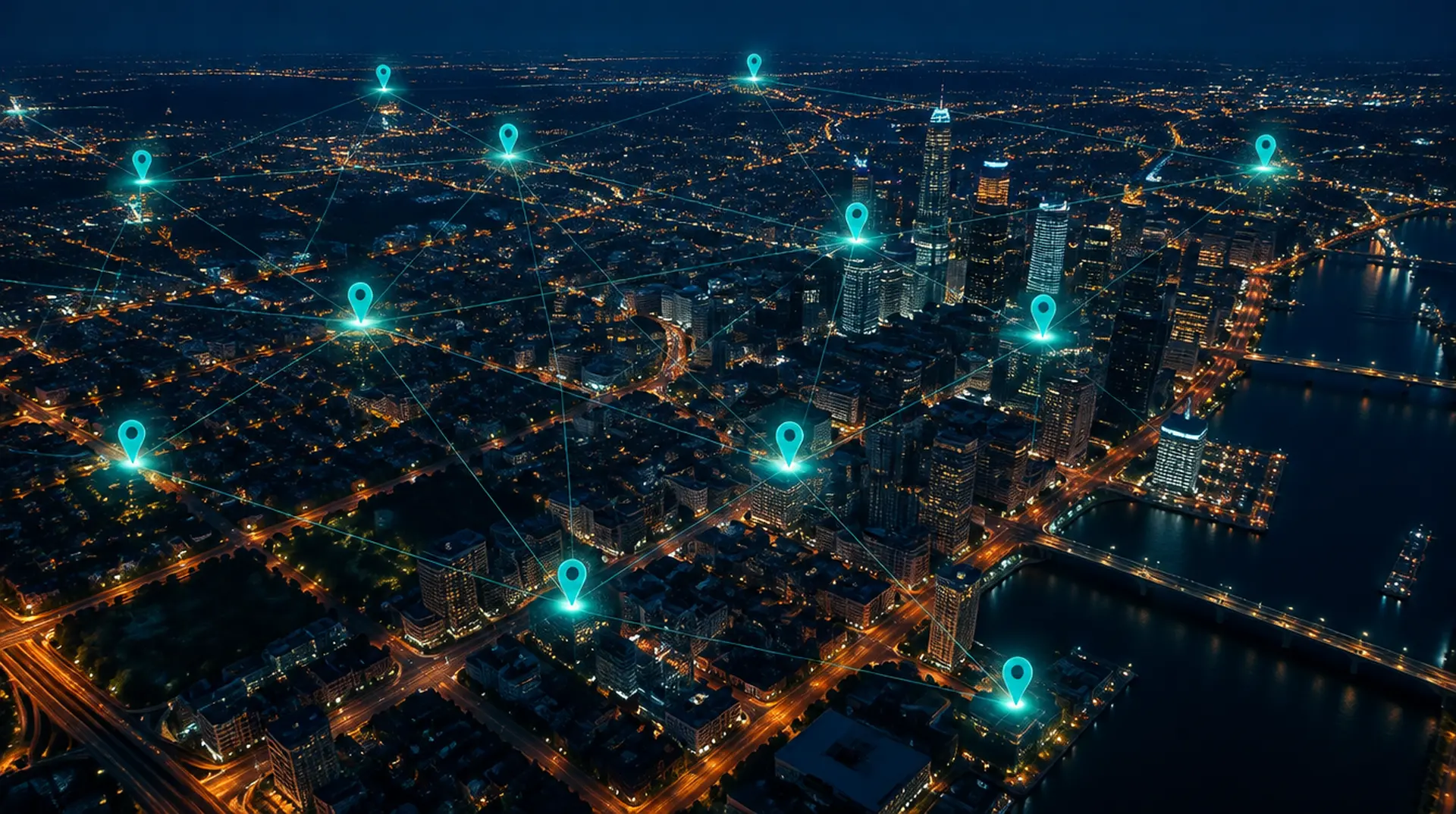 An aerial view of a city grid at night with glowing teal location pins over different neighborhoods