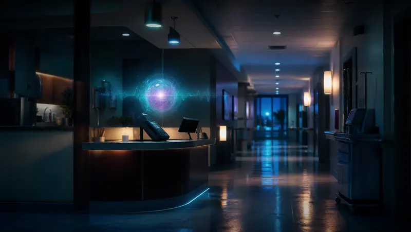 A quiet clinic corridor at night with a glowing AI orb above the nurse station phone