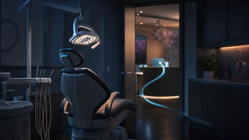 An empty dental operatory at dusk with a thread of light leading to the front desk phone