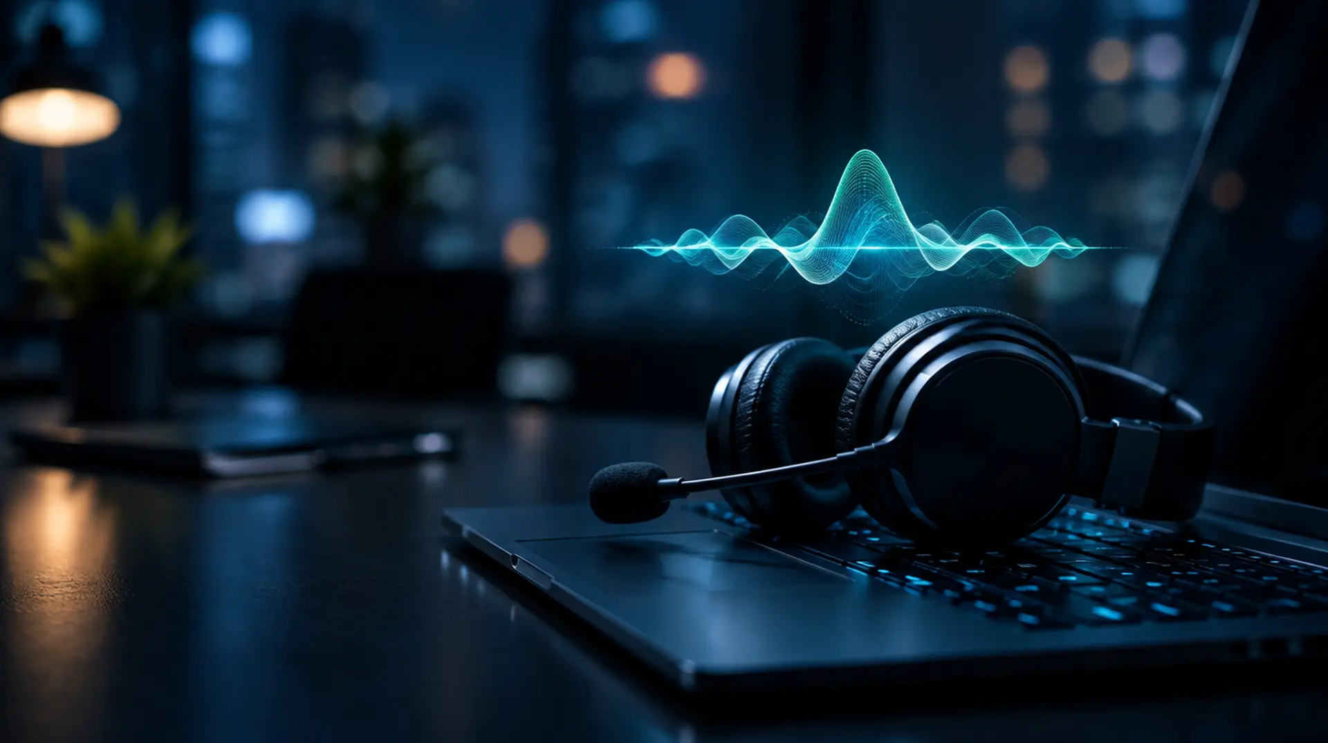 A headset resting on a laptop keyboard in a dark office with a teal voice waveform floating above it