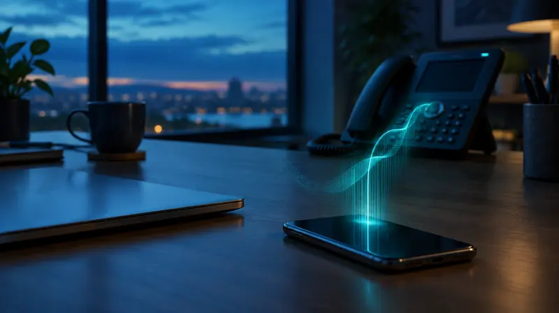 A smartphone on a home-office desk at dusk with a teal sound wave rising toward a desk phone