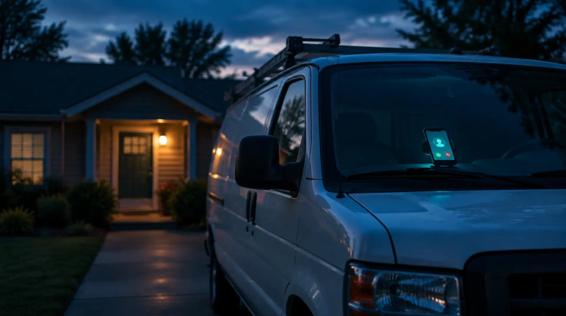 A service van in a driveway at dusk with a smartphone on the dashboard glowing as a call comes in