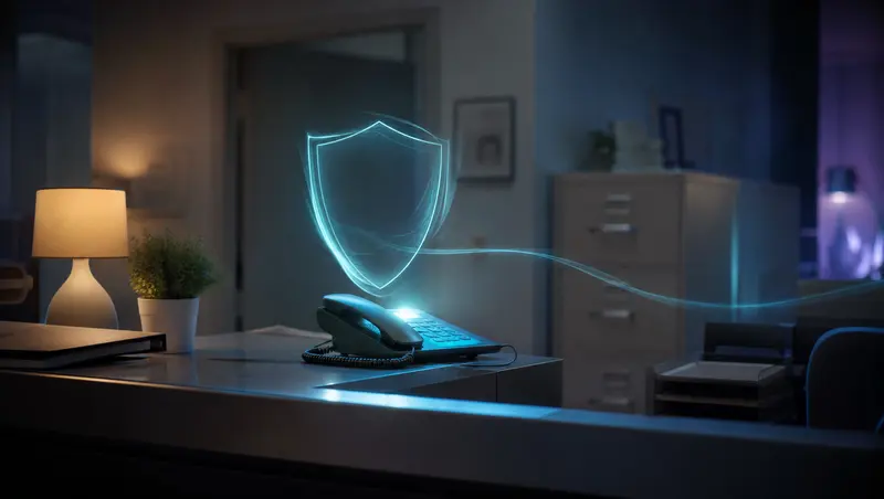 A medical office reception desk at night with a glowing phone beneath a shield of light representing patient privacy