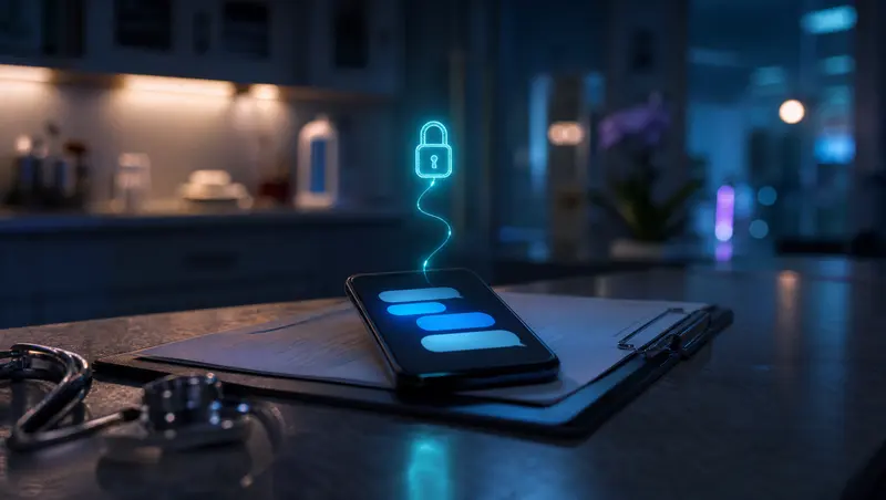 A smartphone on a medical clipboard showing message bubbles beneath a glowing padlock of light
