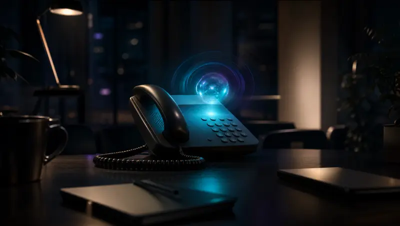 A desk phone in a dark office with a glowing orb and sound waves above it, representing an AI receptionist answering