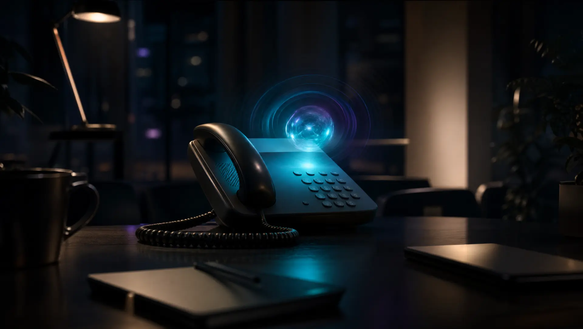 A desk phone in a dark office with a glowing orb and sound waves above it, representing an AI receptionist answering