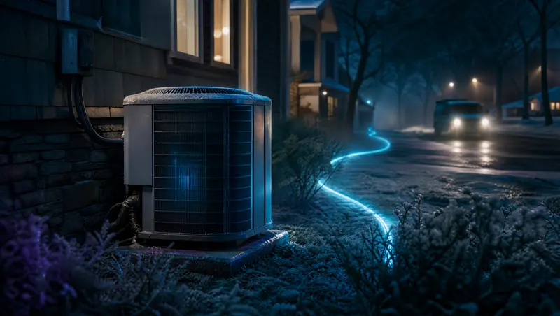 An outdoor HVAC unit beside a house on a frosty night while a service van approaches down the street