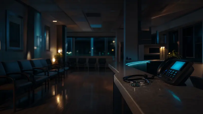 An empty doctor's office waiting room at night with a stethoscope on the counter beside a glowing desk phone
