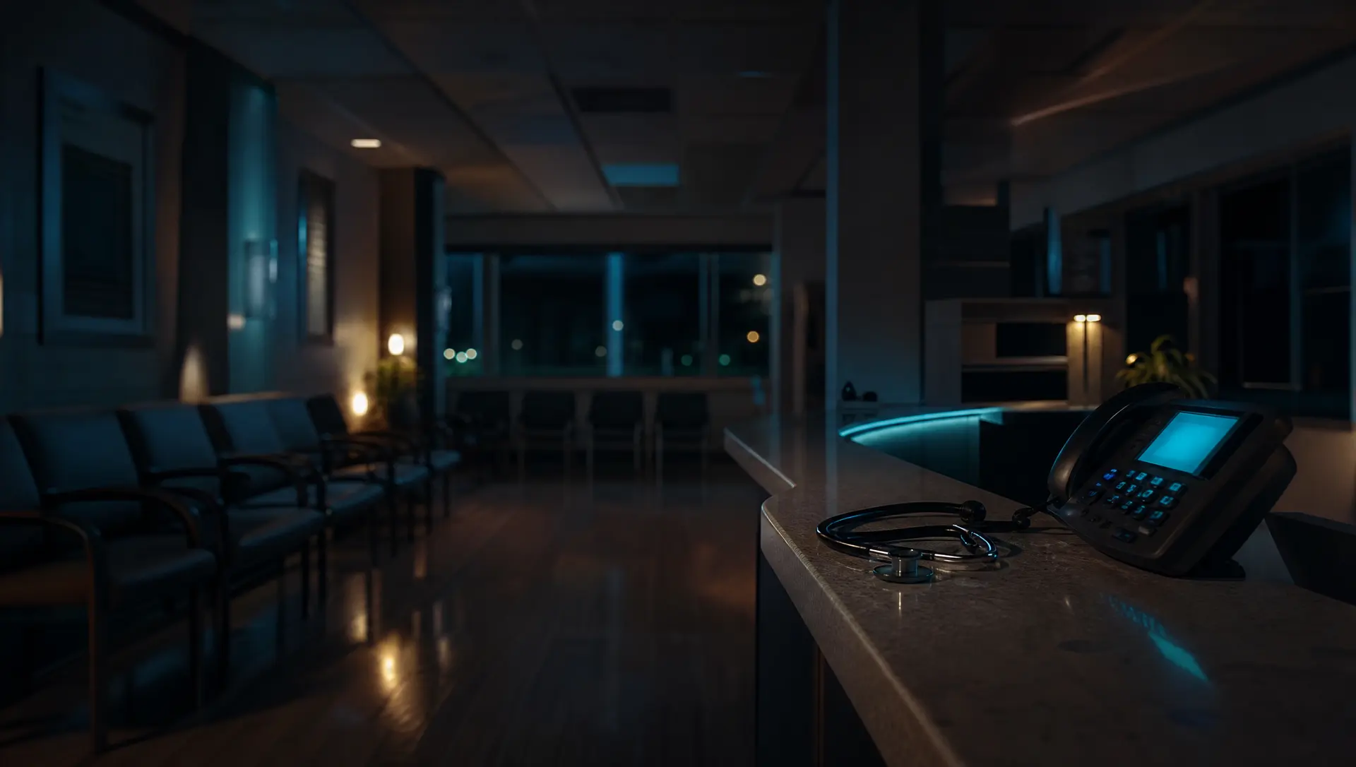 An empty doctor's office waiting room at night with a stethoscope on the counter beside a glowing desk phone