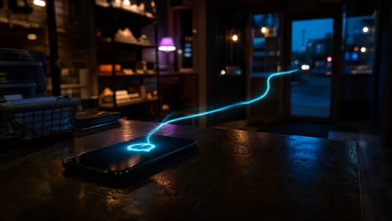 A smartphone on a shop counter where a missed-call ring turns into a glowing text message bubble