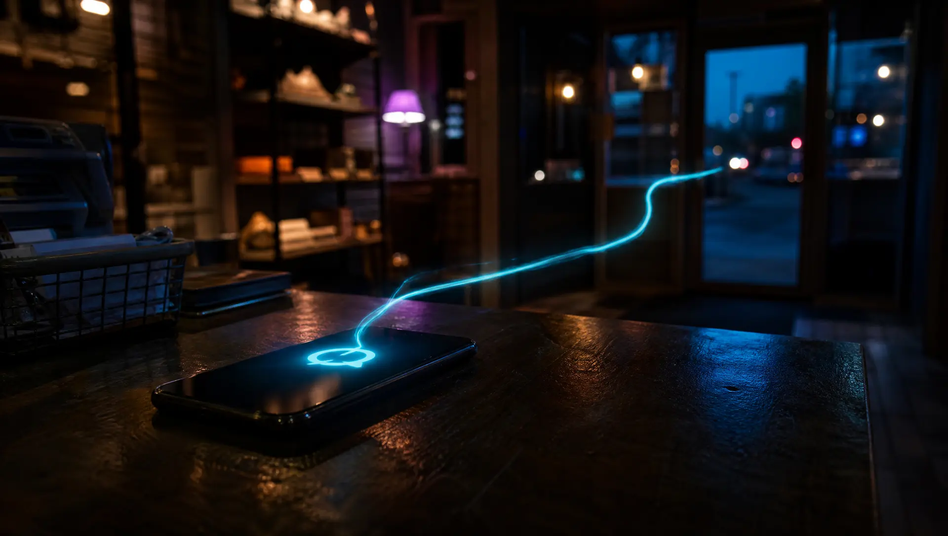 A smartphone on a shop counter where a missed-call ring turns into a glowing text message bubble