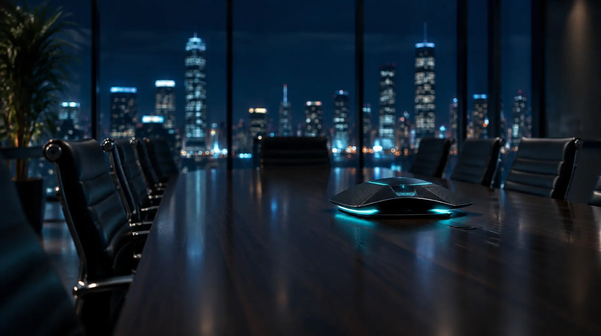 A conference room at night with a speakerphone glowing teal in the center of a long table