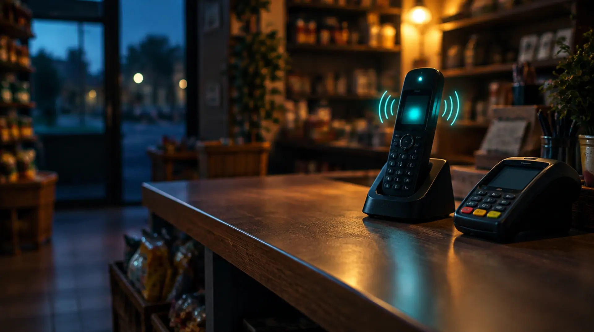 A shop counter at closing time with a cordless phone glowing teal beside a card reader