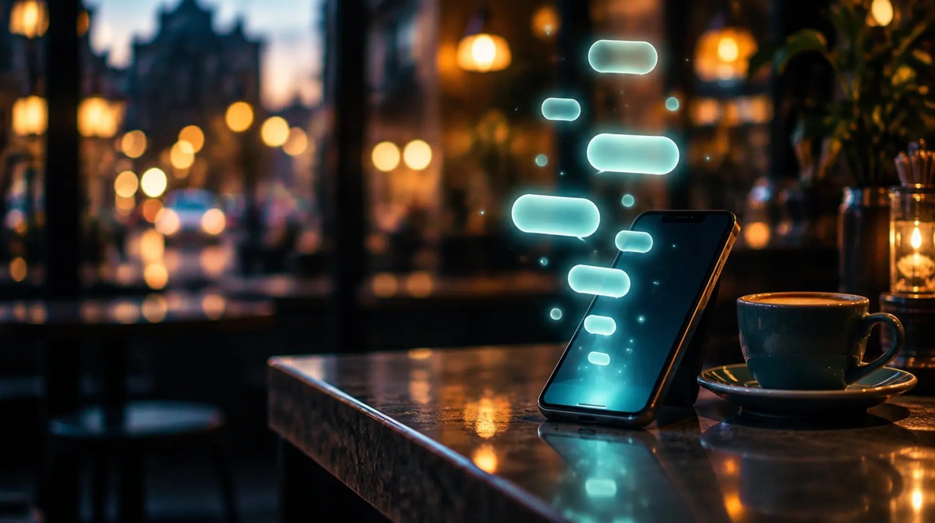 A smartphone on a coffee shop counter with bubbles of teal light rising from the screen like messages