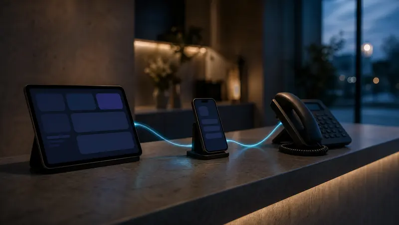 A tablet, smartphone and desk phone on a clinic counter connected by threads of light
