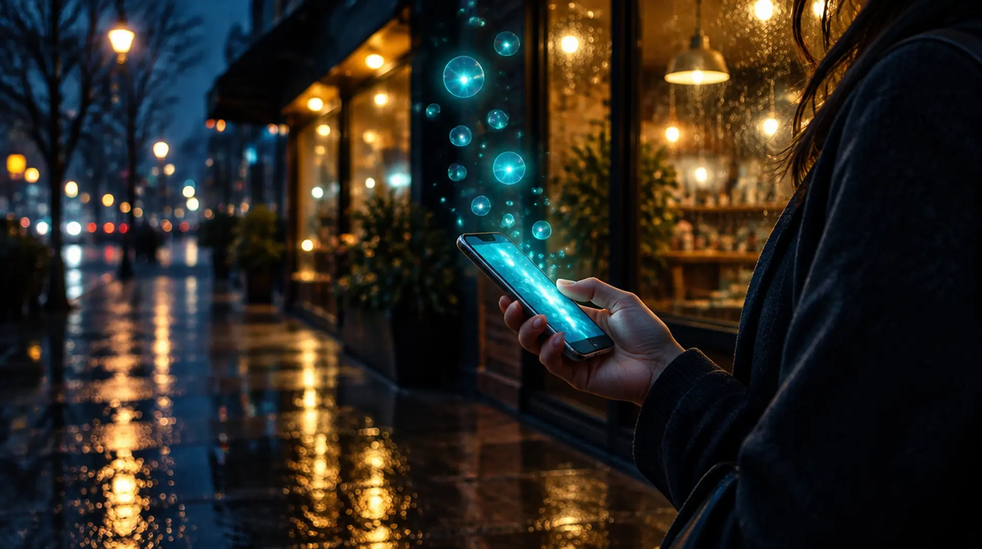 A hand holding a smartphone outside a lit storefront at night as bubbles of teal light rise from it