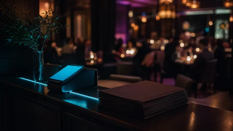 A restaurant host stand during a busy dinner service with the phone glowing teal as a call is answered