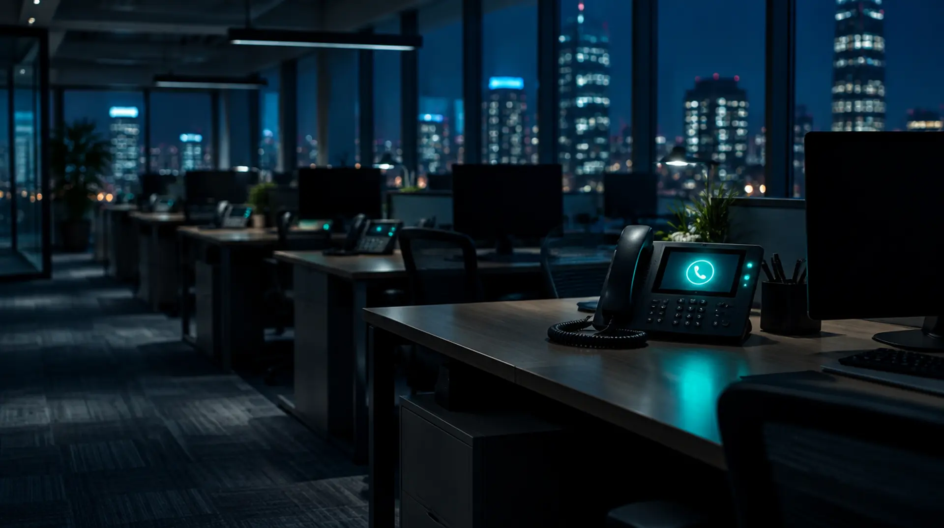An open-plan office at night with rows of desk phones, one glowing teal as a call arrives