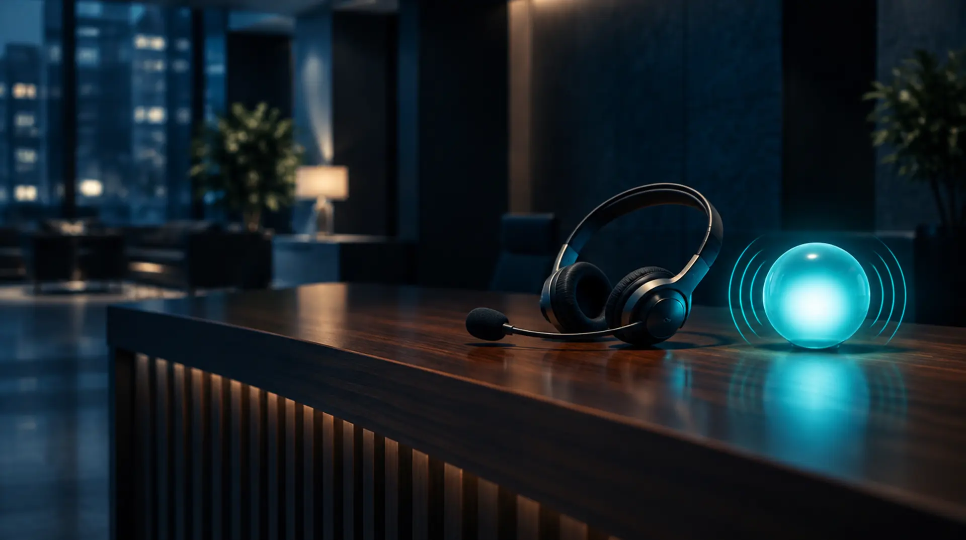 A receptionist headset on an empty front desk beside a glowing orb of light, representing live and AI receptionists