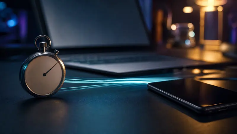 A stopwatch beside a smartphone with a streak of light racing between them, illustrating speed to lead