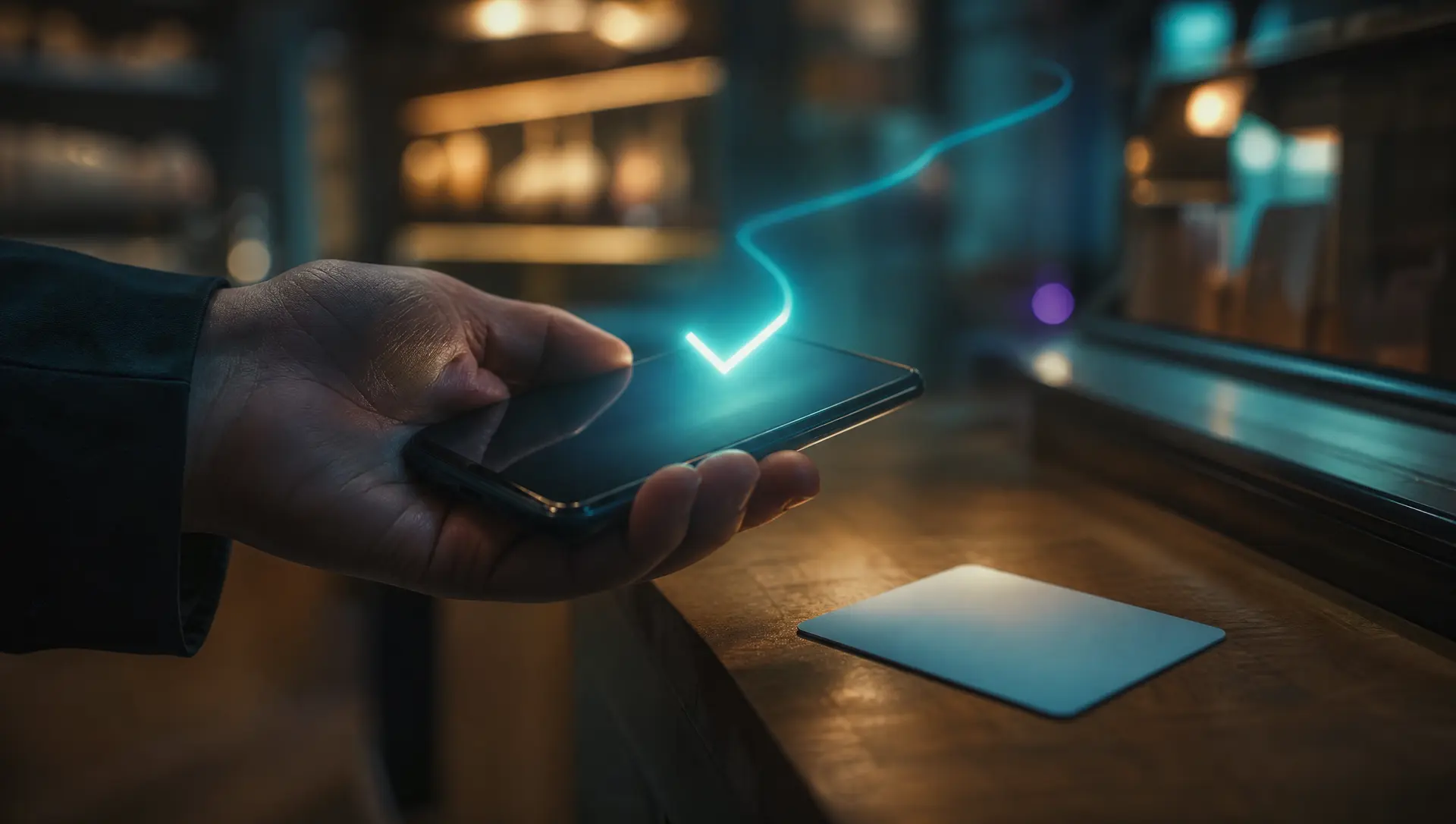 A hand holding a smartphone beside a payment card with a glowing checkmark, showing a completed text-to-pay payment