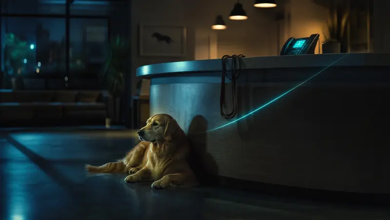 A dog resting beside a veterinary clinic reception desk at night with a glowing desk phone behind