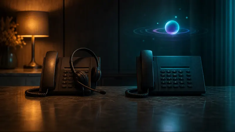 Two desk phones side by side, one with a call-center headset in warm light and one with a glowing AI orb in teal light