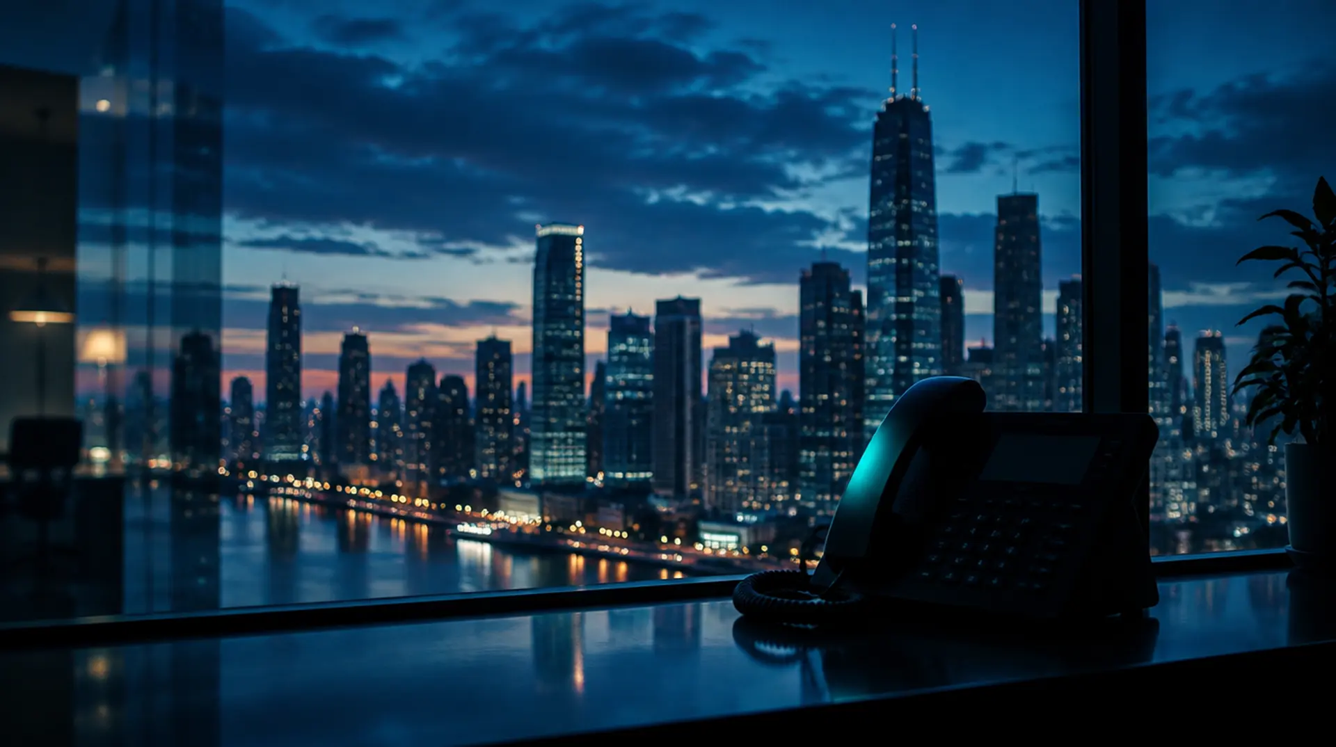 A desk phone silhouetted on an office windowsill against a city skyline at blue hour