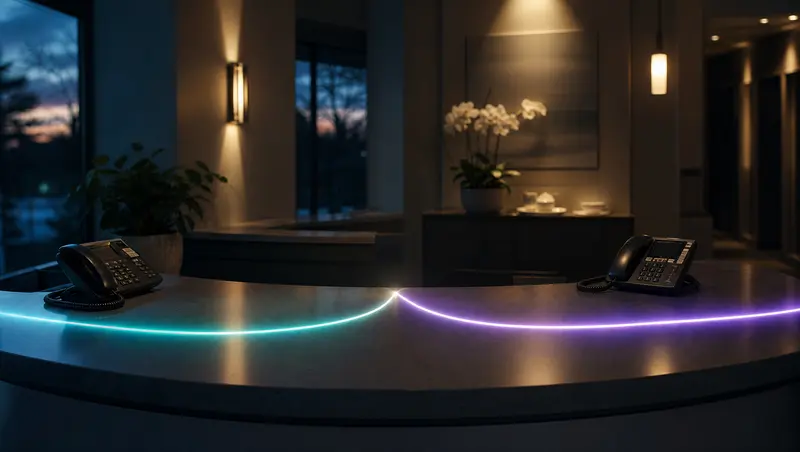 A thread of light splitting into two paths across a dental front desk toward two different phones, representing a choice of platforms