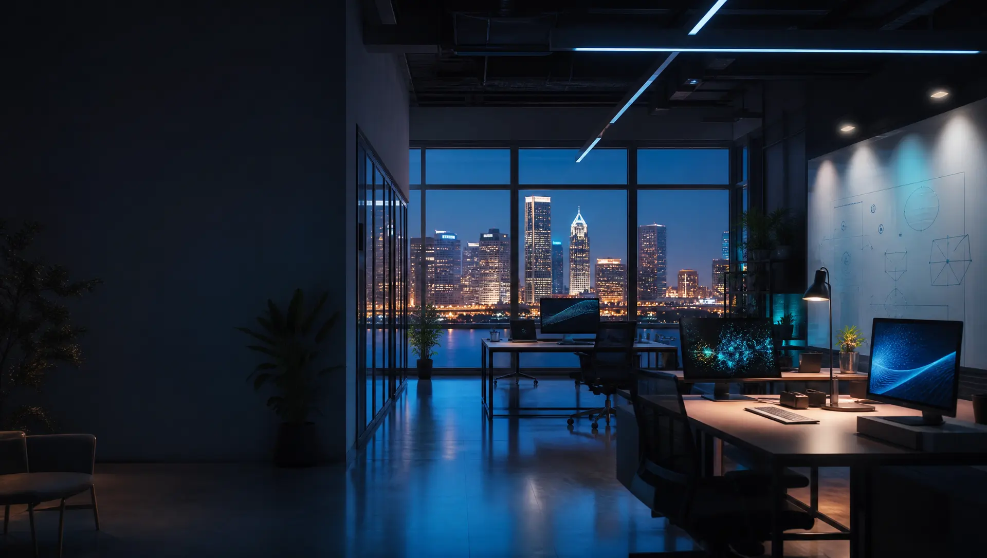 A technology studio office at dusk with a Gulf Coast city skyline through the windows