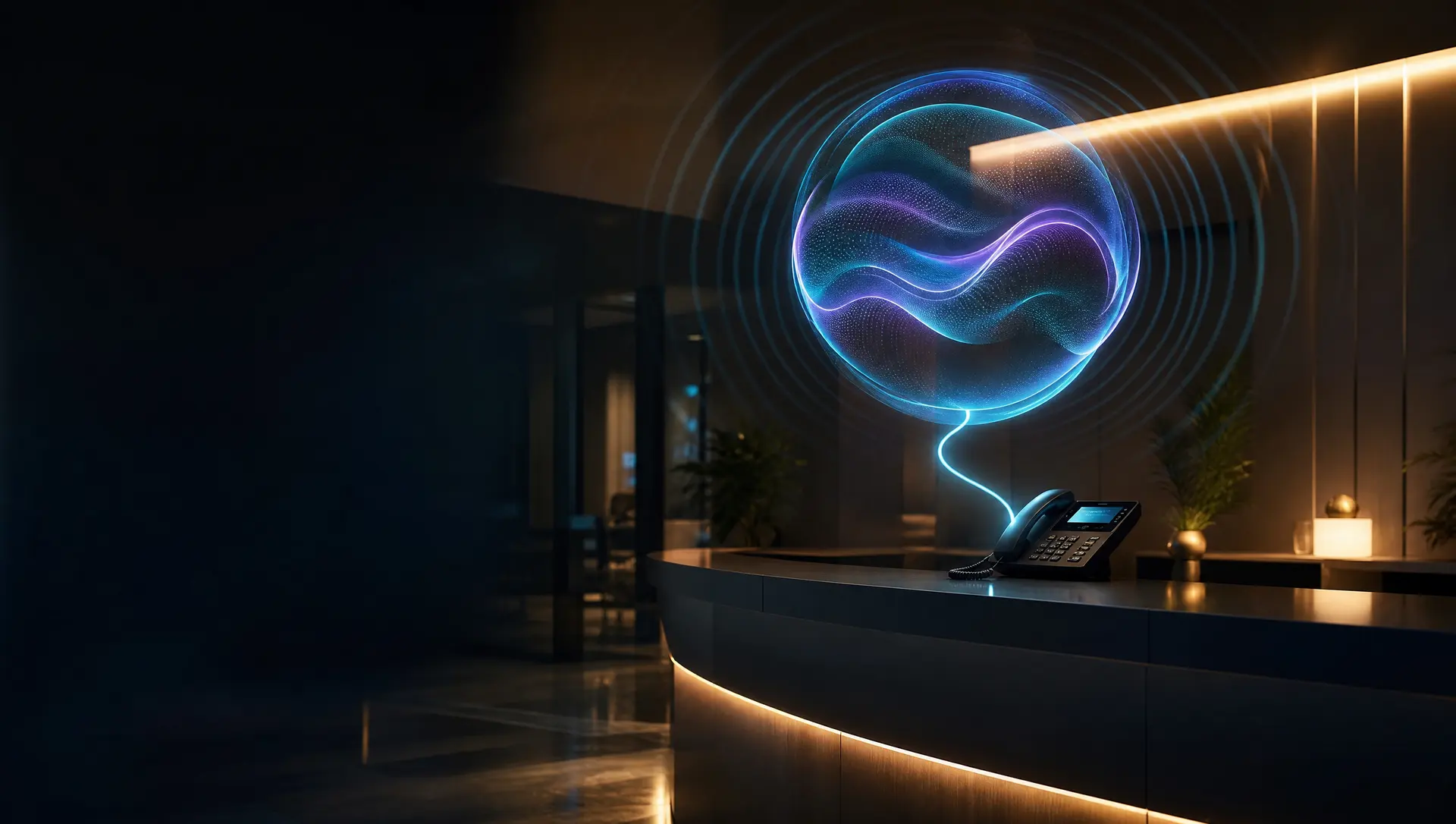 A reception desk at night with a glowing orb and sound waves above the phone, representing the AI receptionist answering a call