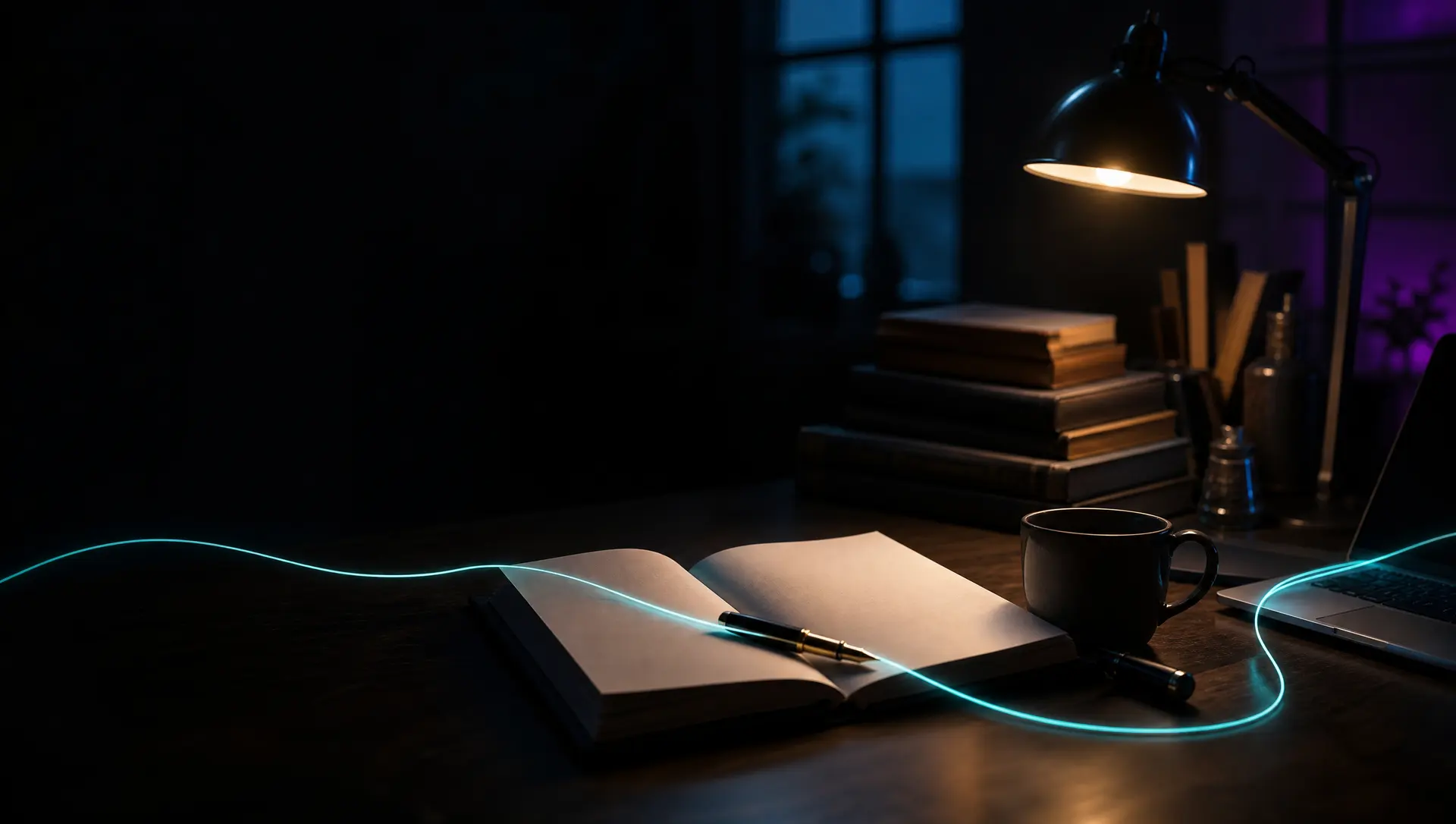 A writer's desk at night with an open notebook, books and a laptop connected by a thread of light