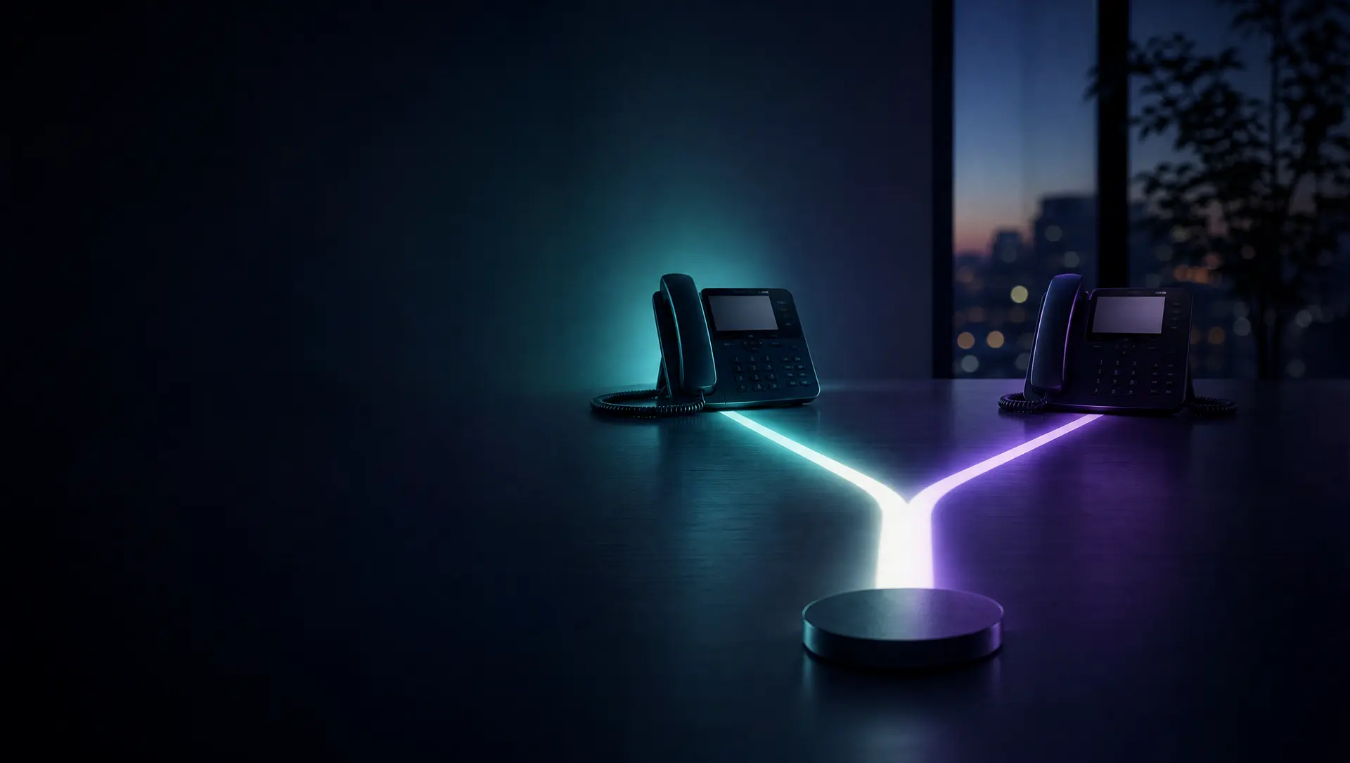 A path of light forking into teal and violet routes toward two desk phones, representing a choice between platforms