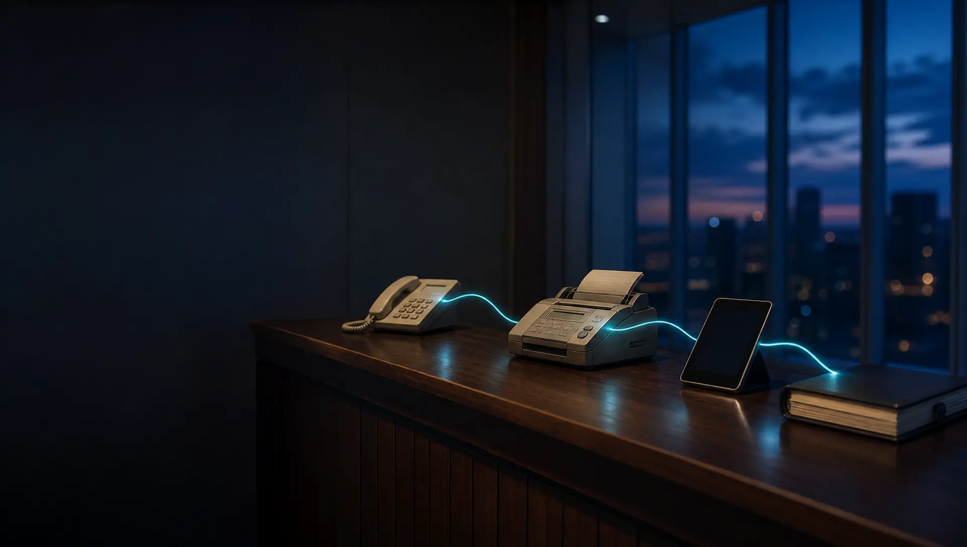 An old desk phone, fax machine, tablet and paper appointment book on a walnut front desk at blue hour, joined by a single teal thread of light