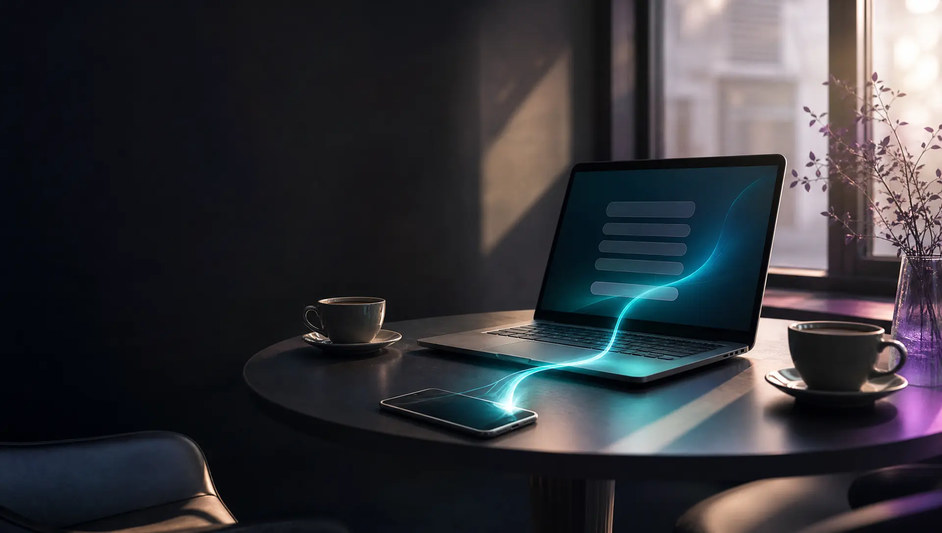 A small meeting table by a window with two coffee cups, a laptop showing a contact form and a smartphone