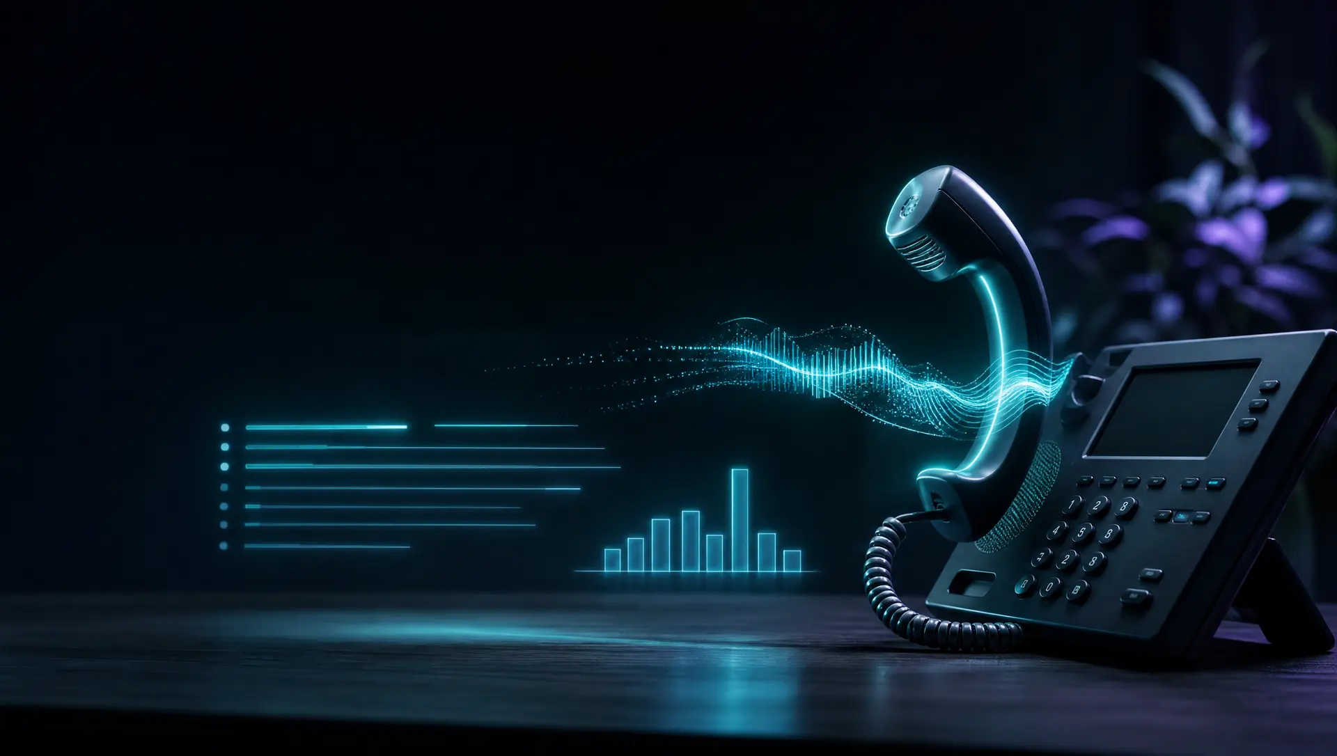 Audio waveforms flowing from a desk phone into transcript lines and charts of light, representing call intelligence
