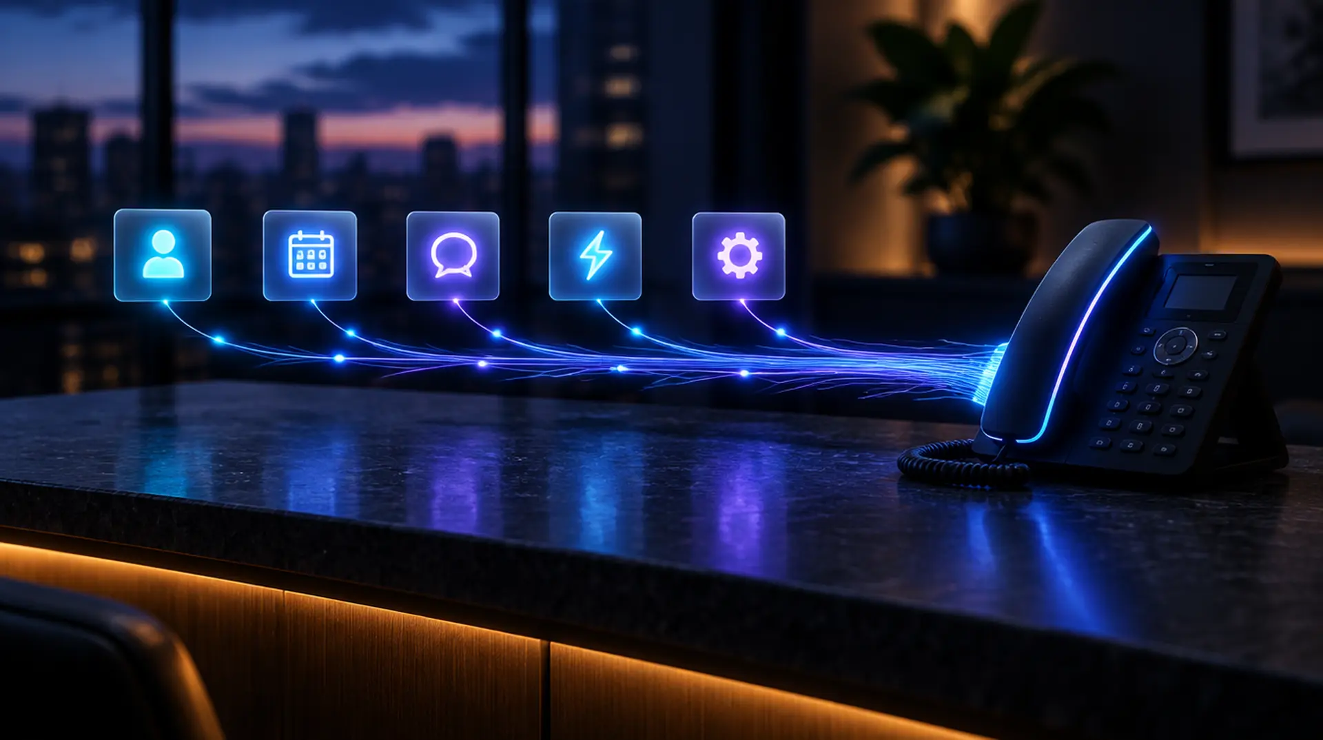 A desk phone sending threads of light into five glowing tiles for contacts, calendar, messages, automation and settings, representing Talos Connect sending records to other apps
