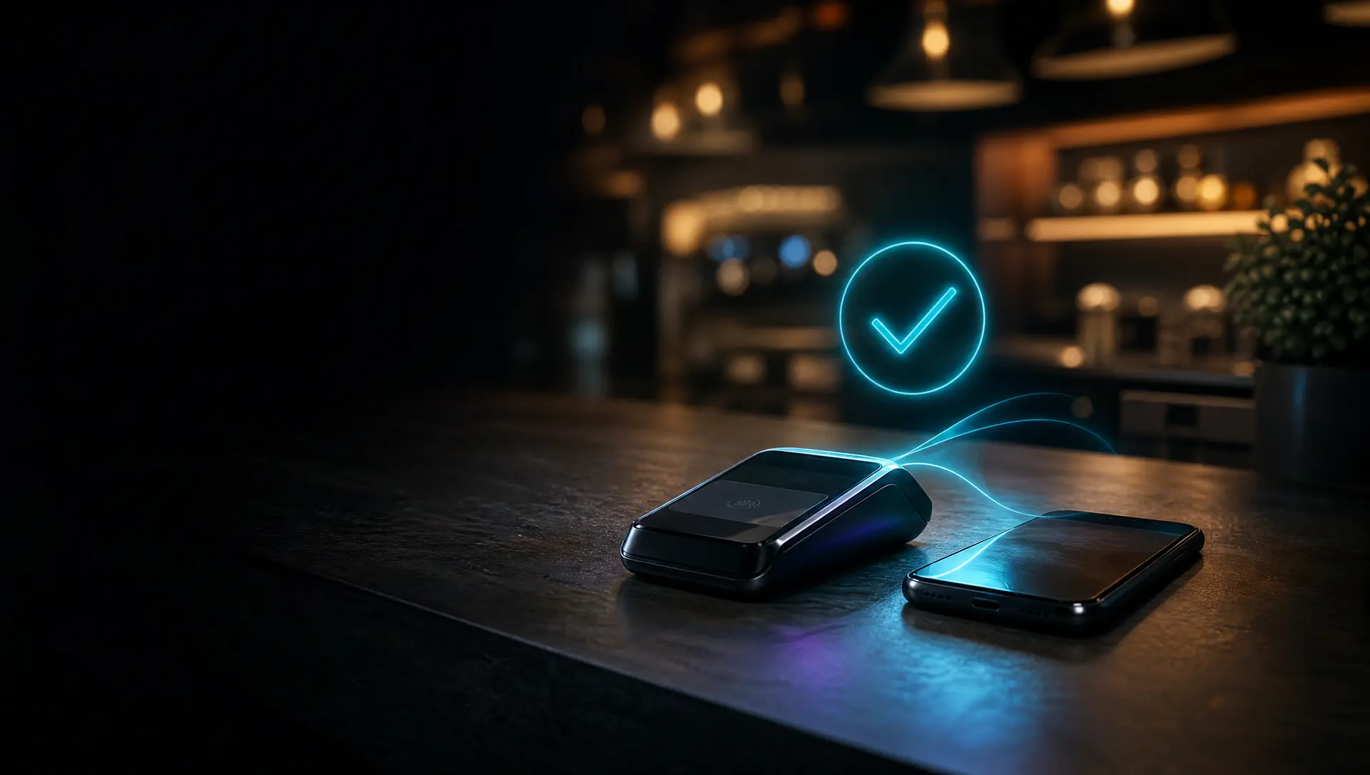 A card reader and a smartphone on a counter beneath a glowing checkmark, representing a completed text-to-pay payment