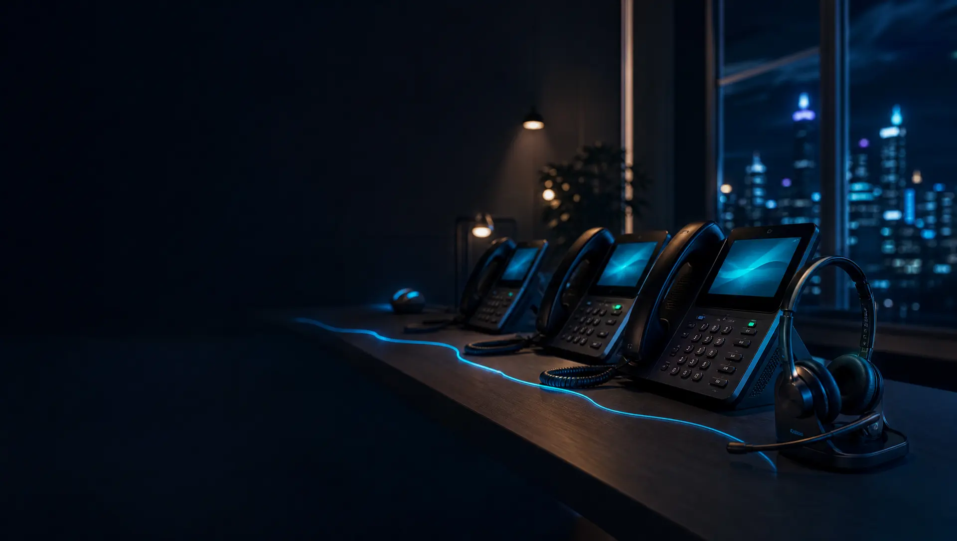 A row of modern business desk phones and a wireless headset on an office desk at dusk