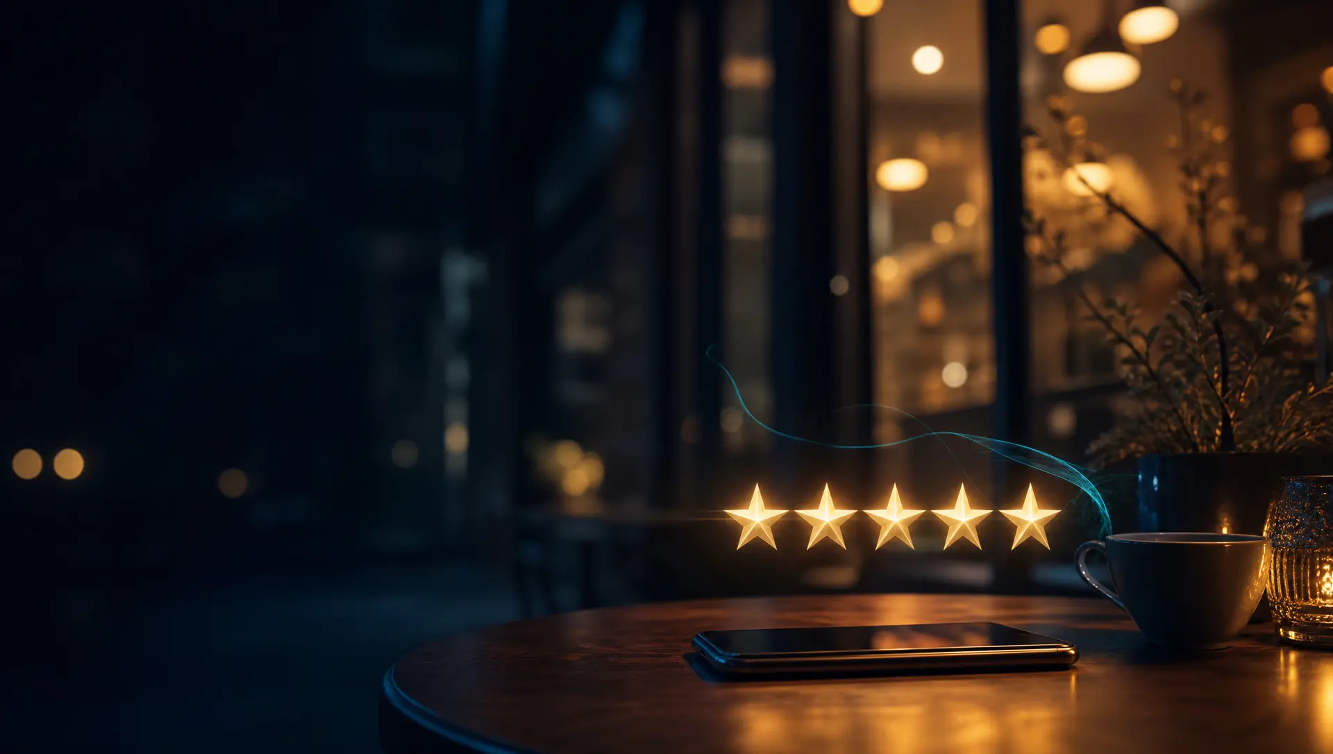 Five glowing stars floating above a smartphone on a cafe table, representing customer reviews