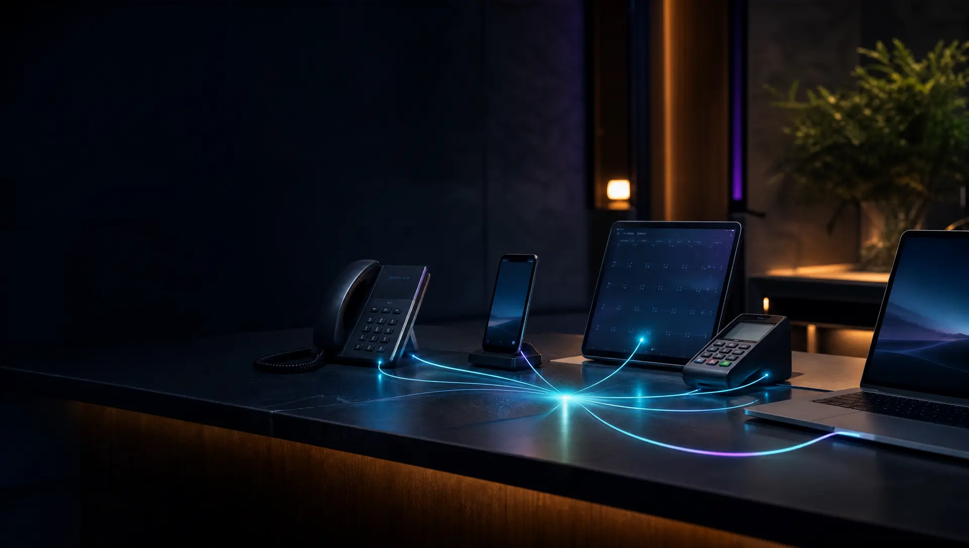 A desk phone, smartphone, tablet calendar, card reader and laptop connected by threads of light into one platform