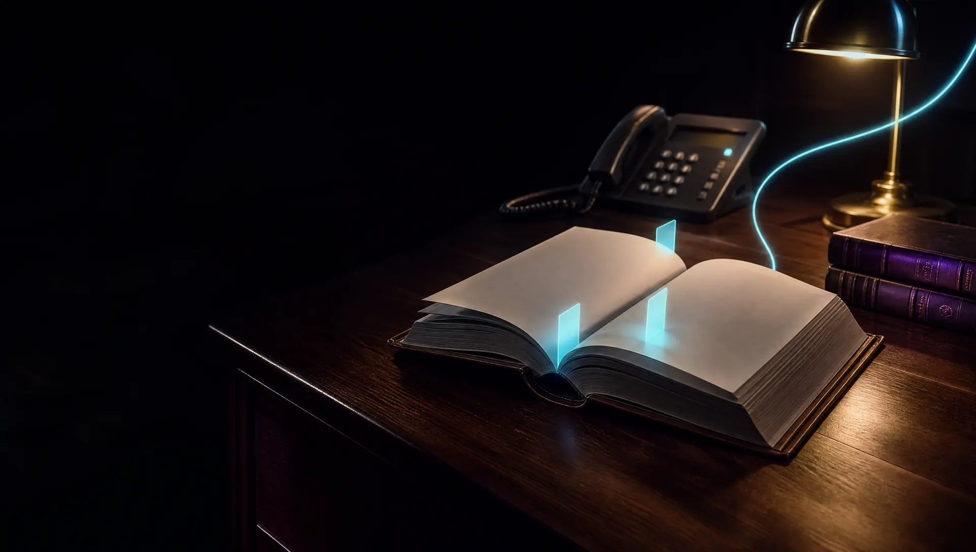 An open reference book on a desk beside a phone with glowing index tabs, representing a glossary of phone, texting and AI terms
